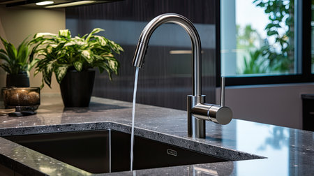 Modern stainless steel faucet and sink in modern kitchen interior.の素材
