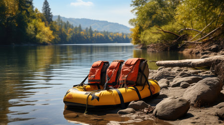 Two life jackets on the shore of a mountain lake in the fallの素材