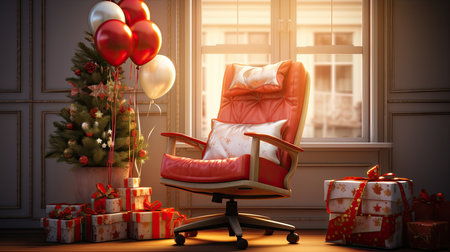 Red armchair with gifts and Christmas tree on background.の素材