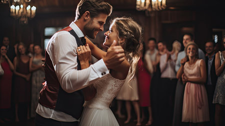 Wedding couple dancing on the dancefloor at their wedding day.の素材
