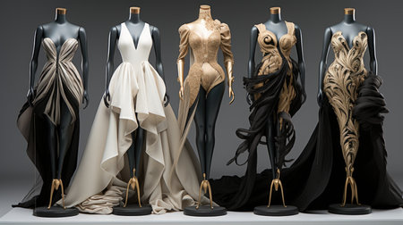 Set of black and white wedding dresses on mannequins.の素材