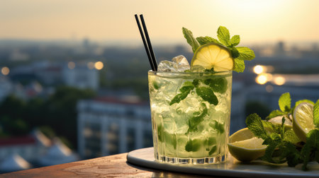 Mojito cocktail with lime, mint and ice on a terrace.の素材