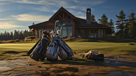 Golf club with golf bags on a golf course in the eveningの素材