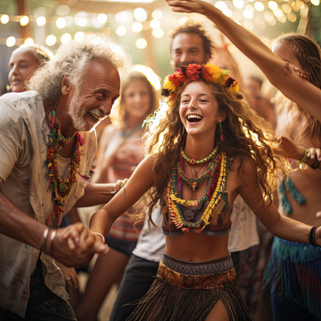 Diverse people dancing at a music festival. Group of friends having fun at a music festival.の素材