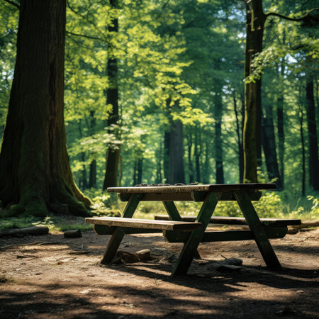 Picnic table and benches in the green forest. Selective focus.の素材