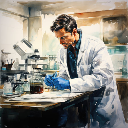Chemist working in the laboratory. Oil painting style. Double exposureの素材