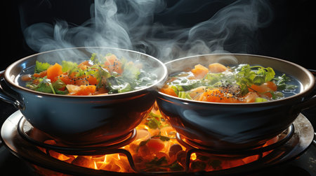 Bowls of fresh vegetable soup on gas stove, closeupの素材