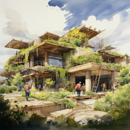 a house under construction with people working in the foregroundの素材