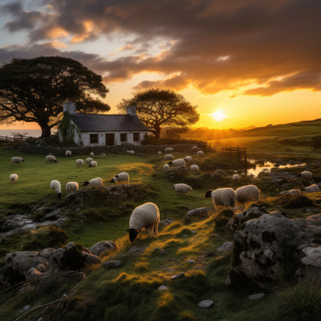 Sheep grazing in the meadow at sunrise,の素材
