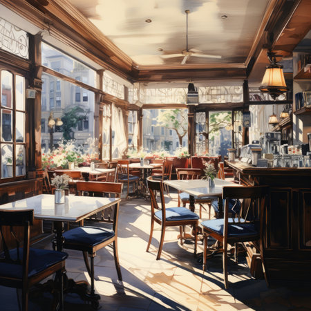 Interior of a restaurant with tables and chairs.の素材