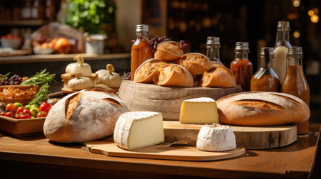 Assortment of cheese and bread on a wooden table in a restaurantの素材