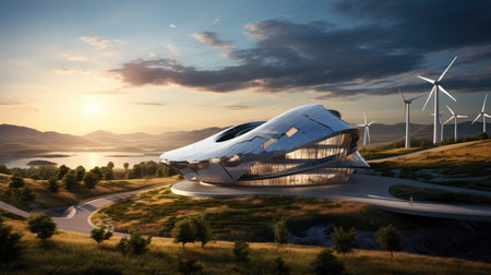 a futuristic building with wind turbines in the backgroundの素材