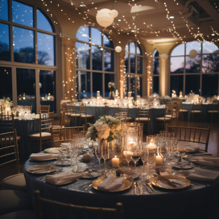 Wedding Banquet Table Decorated with Lights and Candlesの素材