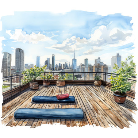 Wooden deck with cushions and a view of the modern cityの素材