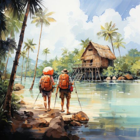 Watercolor man with a backpack on the shore of a tropical river.の素材