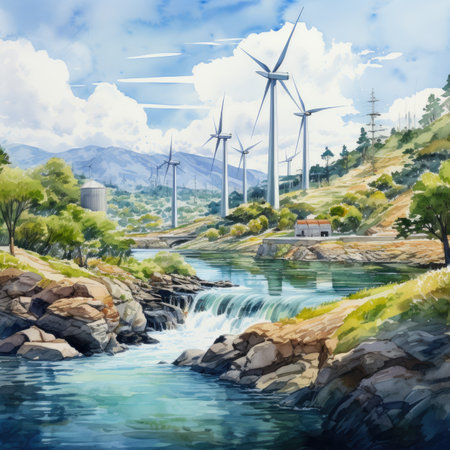 Watercolor wind turbines on the river bank.の素材