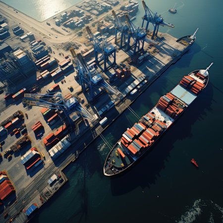 Container Cargo freight ship with working crane bridge in shipyard for Logistic Import Export backgroundの素材
