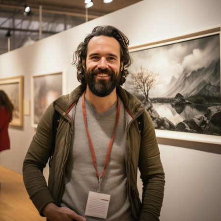 Portrait of a smiling man looking at camera in an art galleryの素材