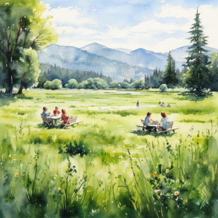 Watercolor family picnic on the meadow in mountains.の素材