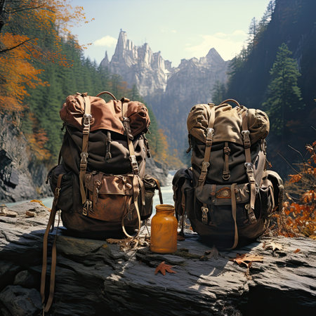 Hike in the mountains with a backpack and a bottle of waterの素材