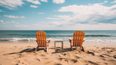 Two chairs on the beach with blue sky and sea in the backgroundの素材