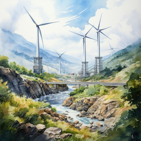 Watercolor wind turbines in the mountains. Renewable energy conceptの素材