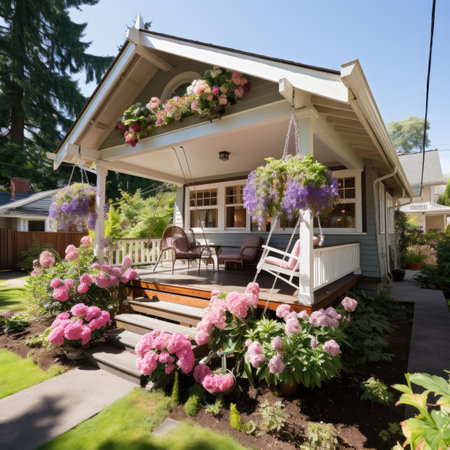 Luxury home decorated with flowers and a swing.の素材