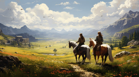 Rear view of two men riding horses on a meadow.の素材