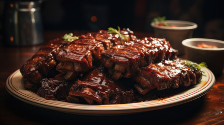Barbecued pork ribs on a plate with sauce on a wooden tableの素材