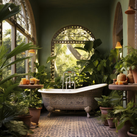 Bathroom Interior Decorated with Tropical Plants and Foliageの素材