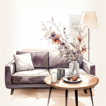 Modern living room interior with sofa, coffee table and flowers in vaseの素材