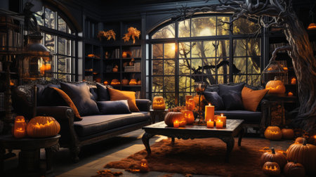 Halloween interior with pumpkins, fireplace and sofa.の素材