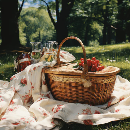 Picnic in the woods. Picnic basket with wine and berriesの素材