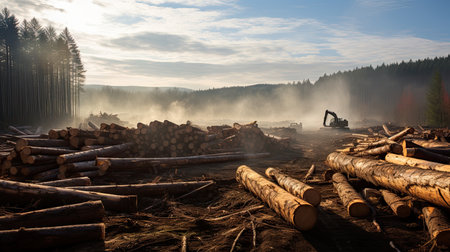 Forestry in the morning. Woodpile in the foreground.の素材