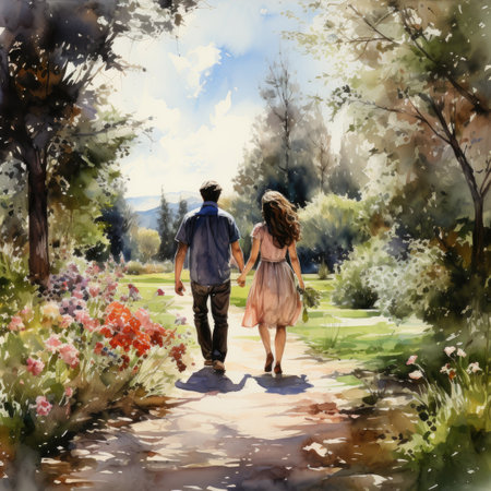 Watercolor Young couple walking in the park.の素材