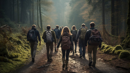 A group of tourists on a hiking trail in the foggy forestの素材