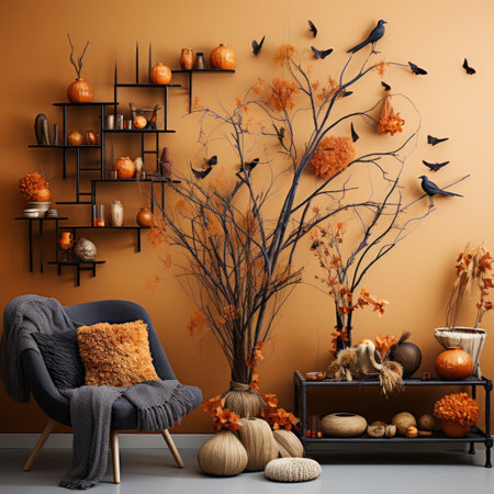 Halloween composition with pumpkins, autumn leaves and cozy armchairの素材