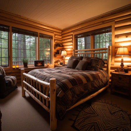 Interior of a log cabin with a double bed in the foregroundの素材