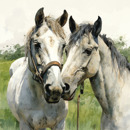 Two white horses in the field on a sunny day,の素材