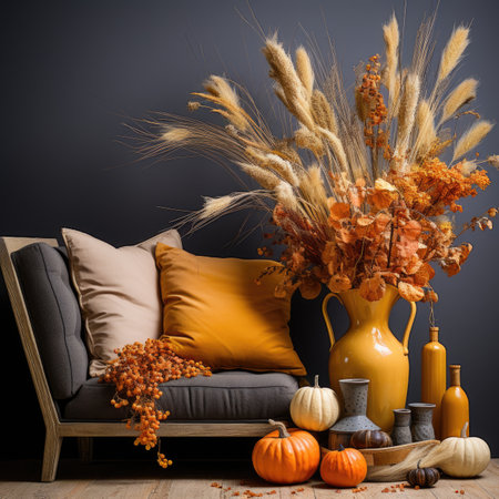 Autumn still life with a sofa, pumpkins, dried flowers and candlesの素材
