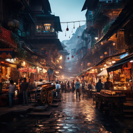 View of the narrow street of Market in the eveningの素材