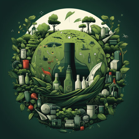 Ecology concept with green planet and cartoon elements.の素材