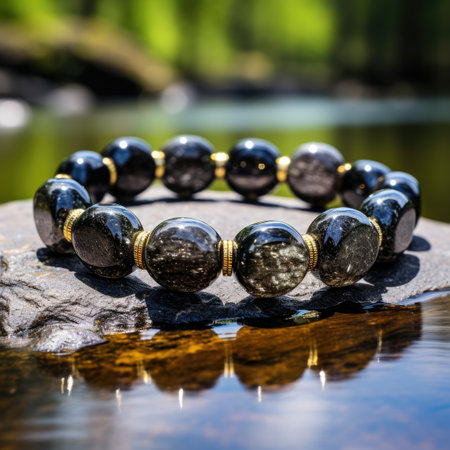 Bracelet with black stones on the stone in the water.の素材