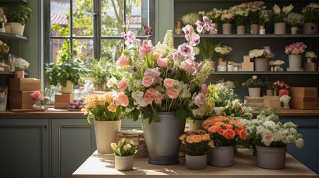 Flower shop. Beautiful bouquet of mixed flowers in a vaseの素材