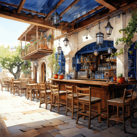 Traditional european cafe with wooden tables, chairs and lanternsの素材