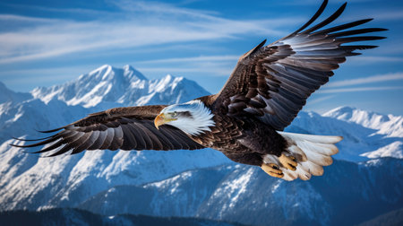 Bald Eagle in flight with snow capped mountains in the background.の素材