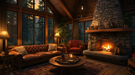 Interior of a cozy house with fireplace.の素材