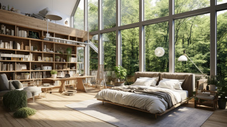 Interior of a modern bedroom with a large window.の素材