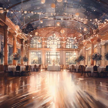 Interior of a restaurant decorated with lights and snowflakes.の素材