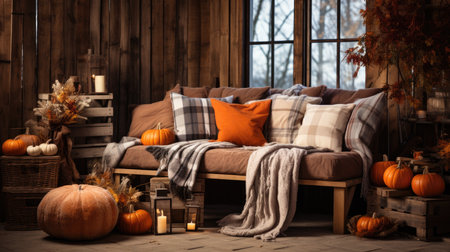 Autumn interior with cozy sofa, candles, pumpkins and plaidの素材